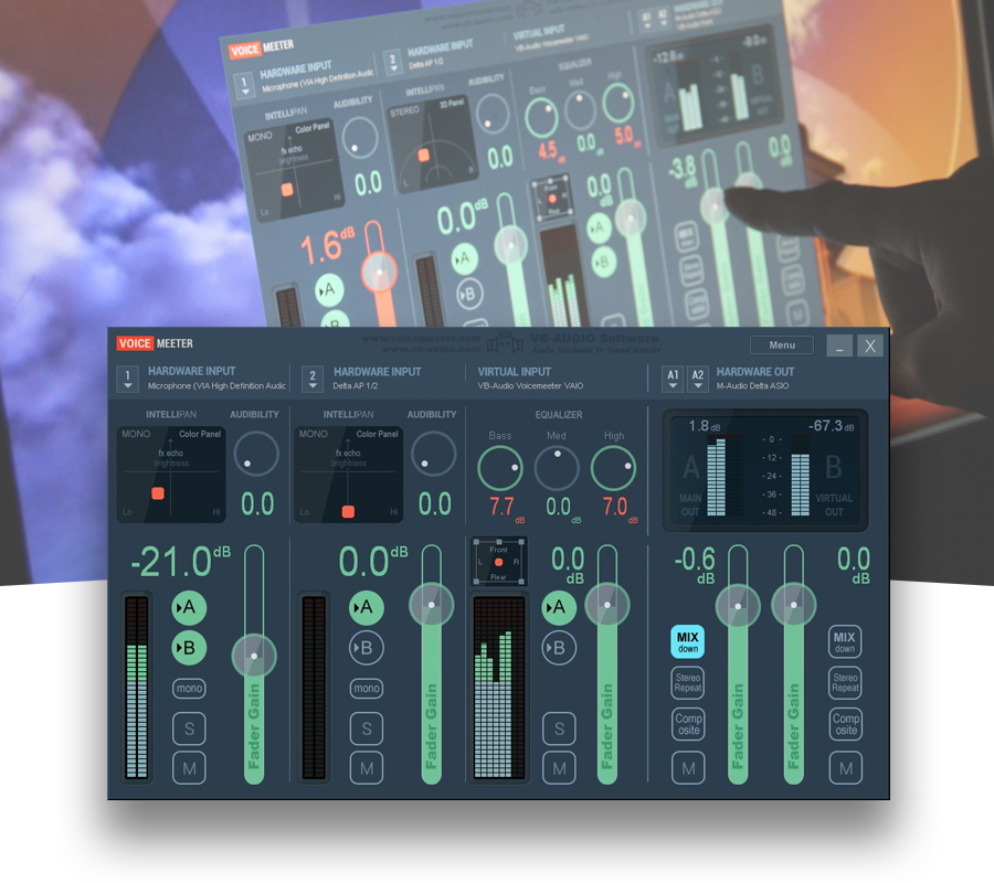 Voicemeeter é um aplicativo de mixagem de áudio dotado de dispositivo de áudio virtual usado como Virtual I / O para misturar e gerenciar quaisquer fontes de áudio de ou para qualquer dispositivo ou aplicativo de áudio.