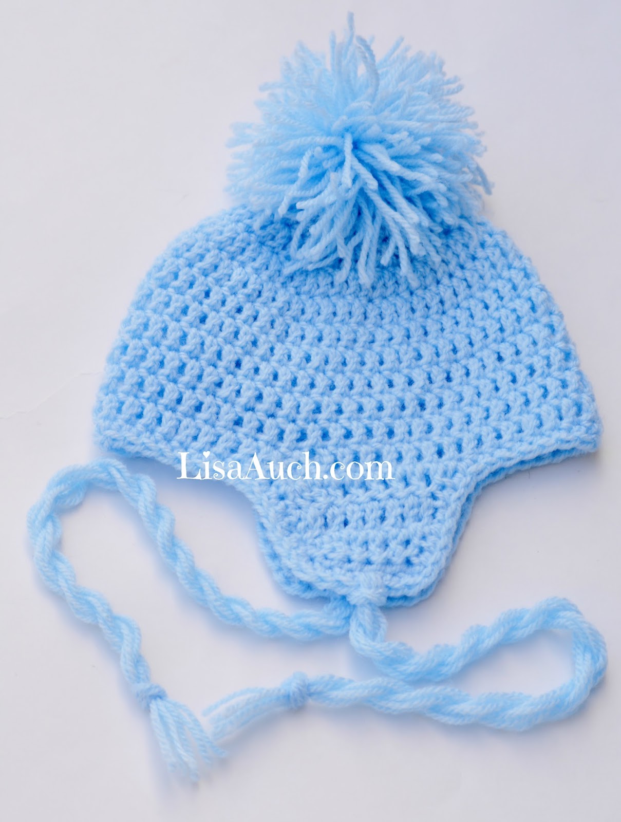baby crochet hat  boy white pull on hat baby blue pompom 