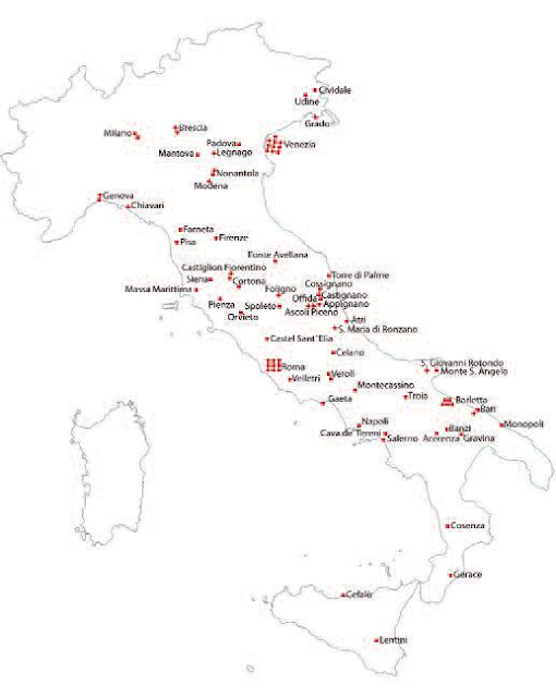 χάρτης γεωγραφικής κατανομής σταυροθηκών με Τίμιο Ξύλο στην Ιταλία