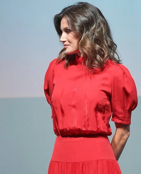 The red dress worn by Queen Letizia is an old dress of her mother-in-law Queen Sofia. Carolina Herrera clutch and Magrit