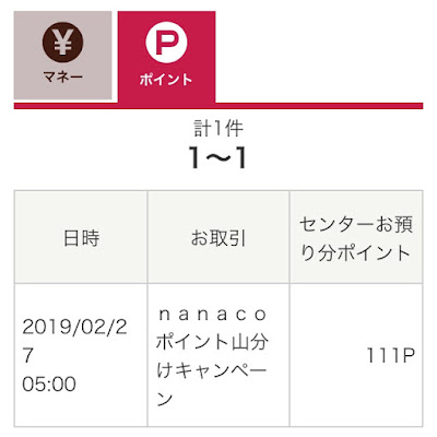 nanacoセンターお預り分履歴確認