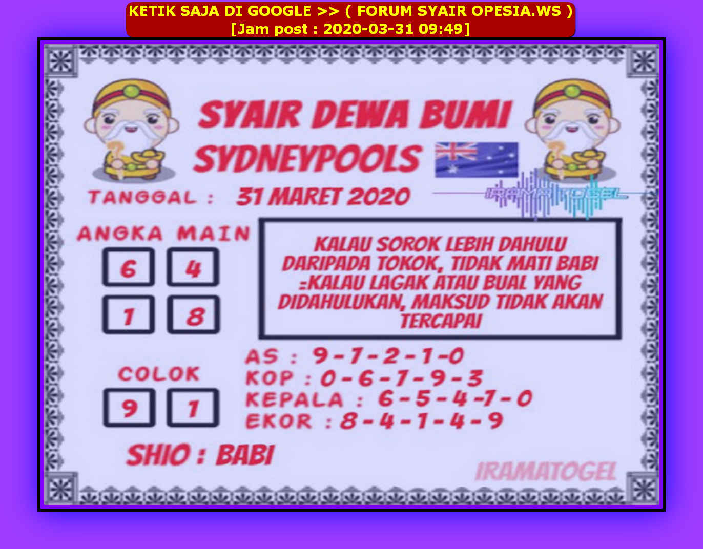 Kode Syair Sydney 31 Maret 2020 Forum Syair Togel Hongkong Singapura Sydney
