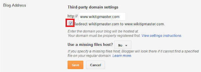 Blogger Third party domain setting screen