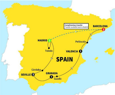 Itinerary for the Spanish Wonder tour by Trafalgar. Numbers denote number of nights of hotel stay