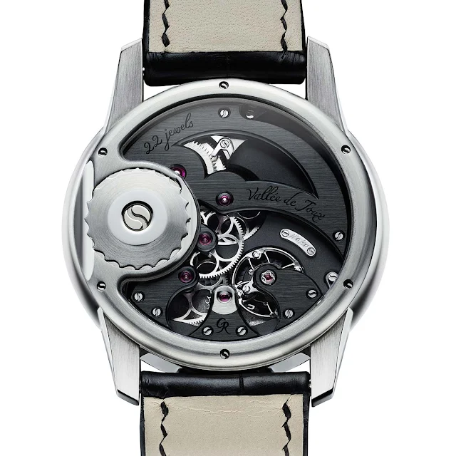 The back side of the Romain Gauthier Prestige HMS Stainless Steel with Meteorite Dial