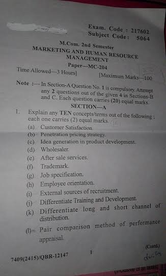  Marketing and Human Resource Management questions paper of m.com 2nd sem  
