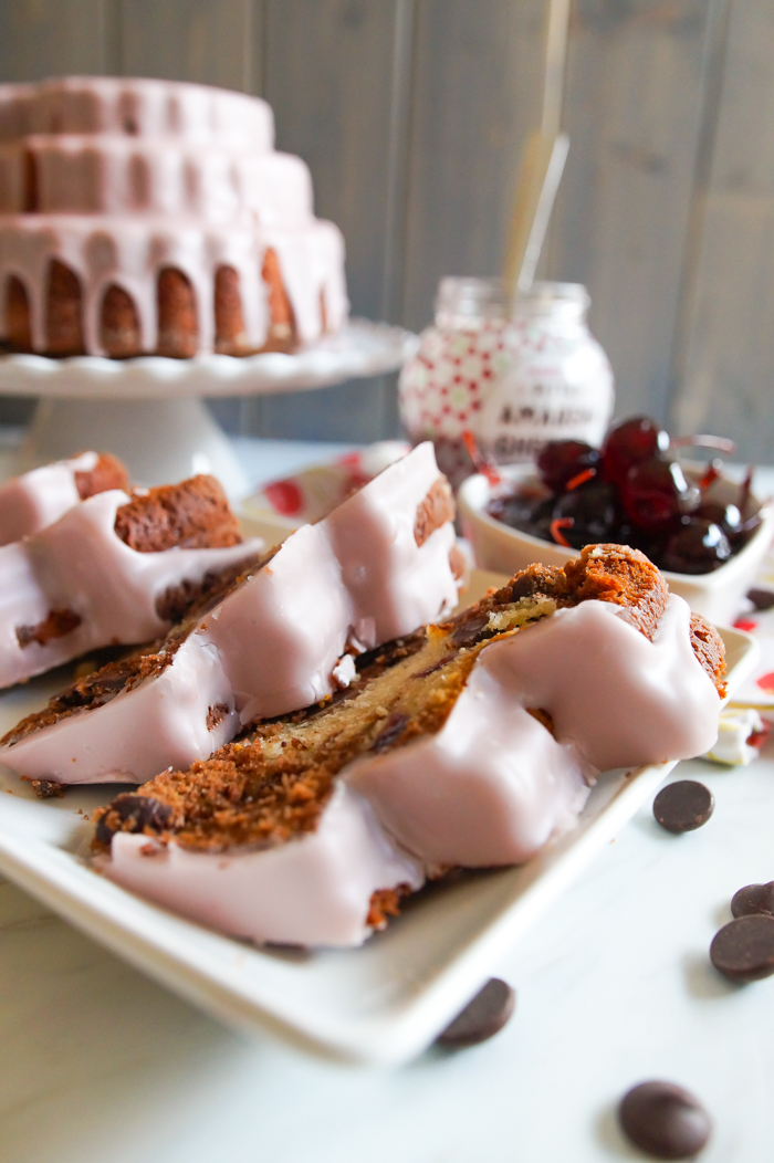 Amarena Cherry and Chocolate Marbled Heart Bundt Cake Bake at 350°