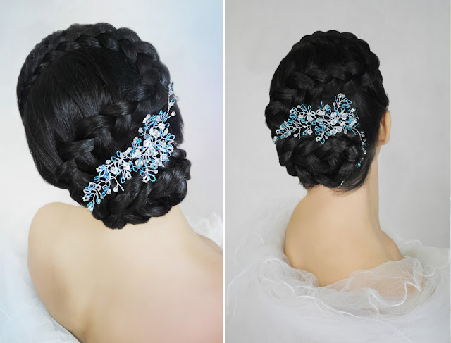 Romantyczna, elegancka fryzura ślubna z warkoczem, ozdobiona gałązkami Airy.