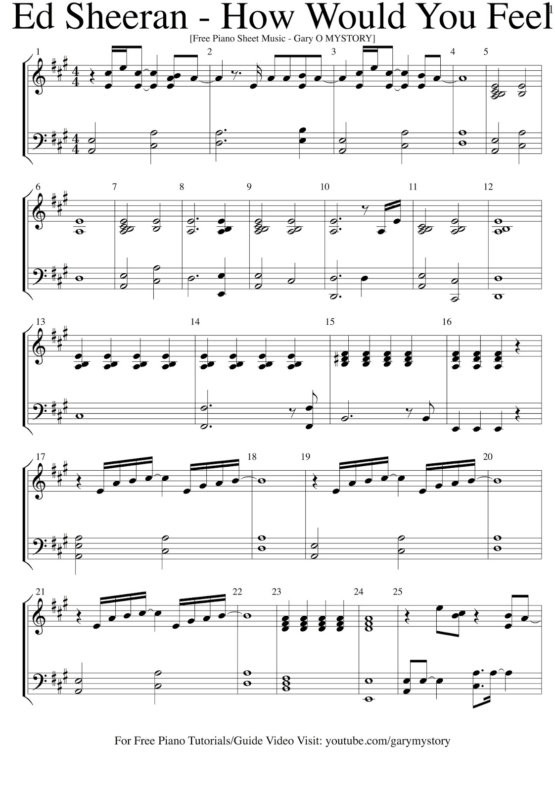 Ed Sheeran How Would You Feel FREE PIANO SHEET MUSIC (Easy Piano