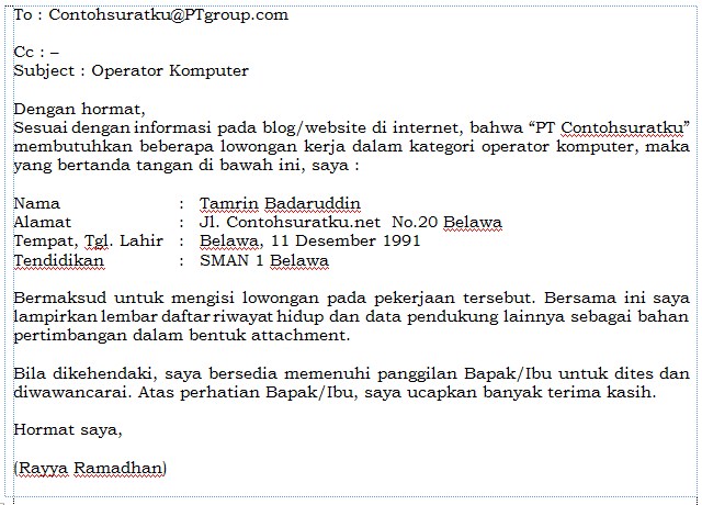 Contoh Surat Lamaran Kerja Via Email Disertai Daftar Riwayat