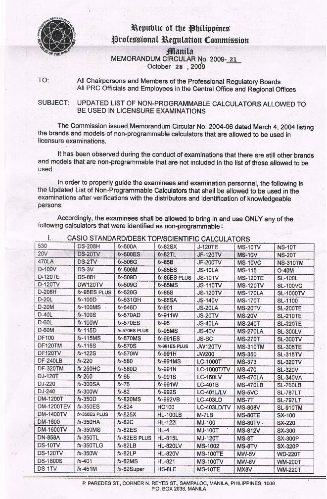 Allowed Calculators for PRC board exams ATLAS CDC Review Center