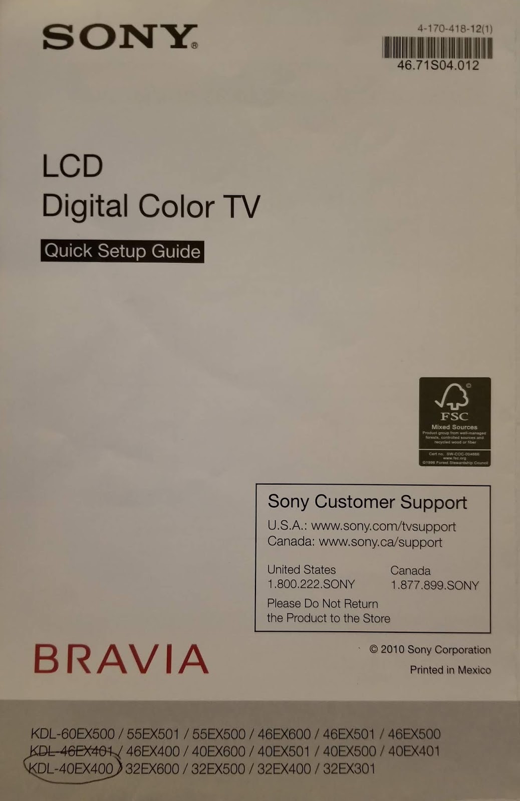Find Your Manuals Here...: Sony Bravia KDL-40EX400 Quick Setup Guide