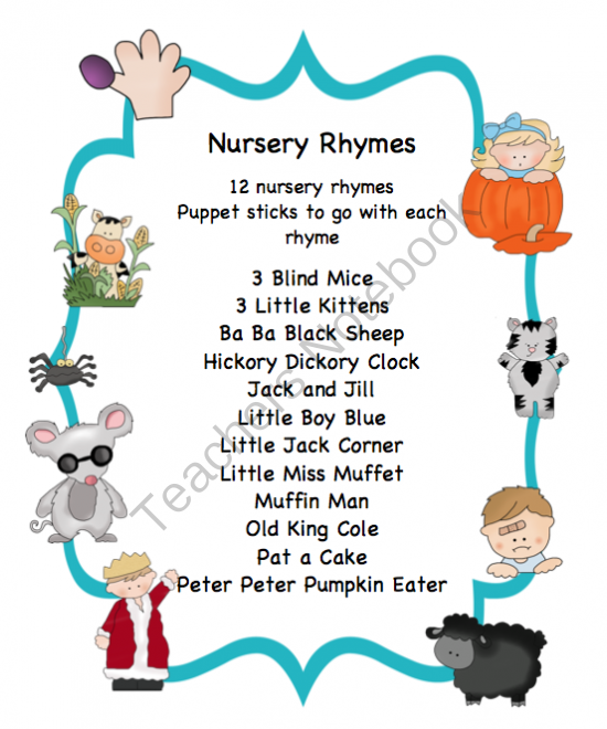 Nursery Rhymes with Puppet Sticks Preschool Printables
