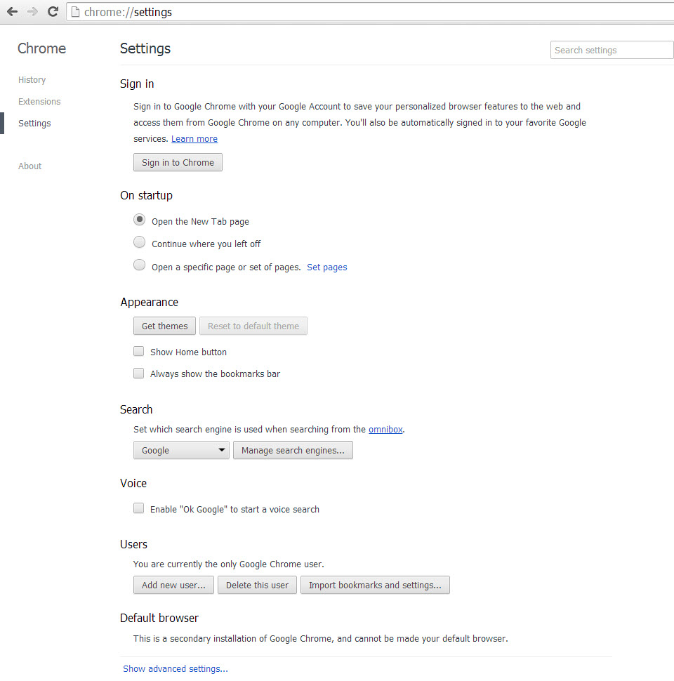 Image: Google Chrome Settings Page