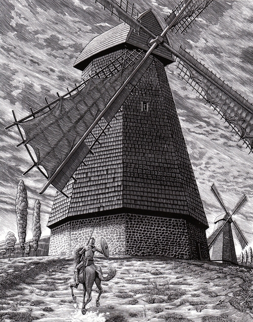 07-Tilting-At-Windmills-Douglas-Smith-Scratchboard-Drawings-Through-Time-and-Lives-www-designstack-co