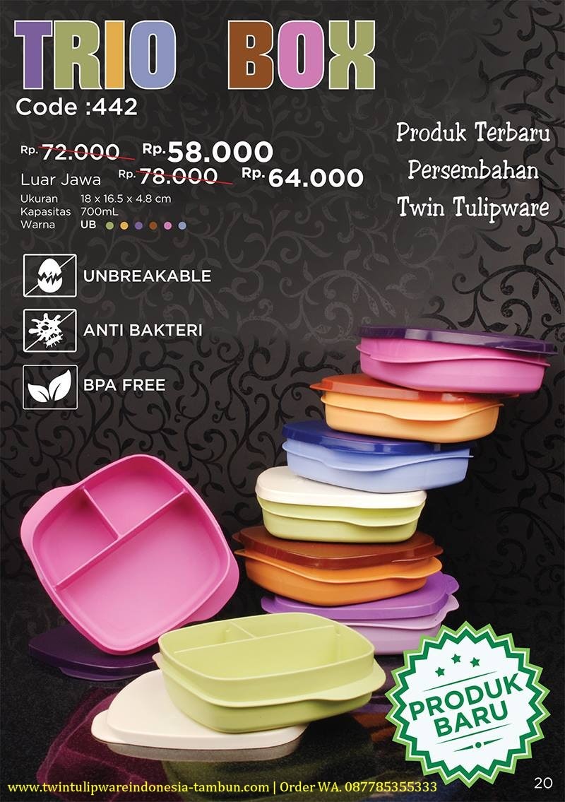 Promo Produk Baru Oktober 2017 :
TRIO BOX >> Harga Jawa Rp.58.000,- | Luar Jawa Rp.64.000,-
- Unbreakable
- Anti Bakteri
- BPA Free Produk Baru Tulipware Oktober 2017