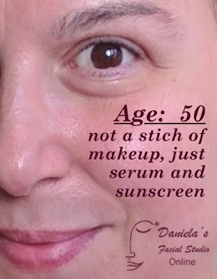 Daniela, age 50, using sunscreen, antioxidants and peptides.