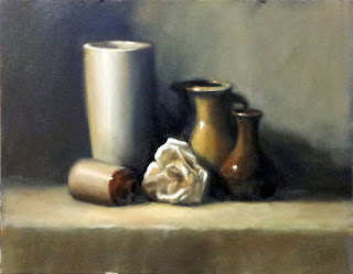 Oil painting of a white rose with two vases, a large jug and a small earthenware bottle.
