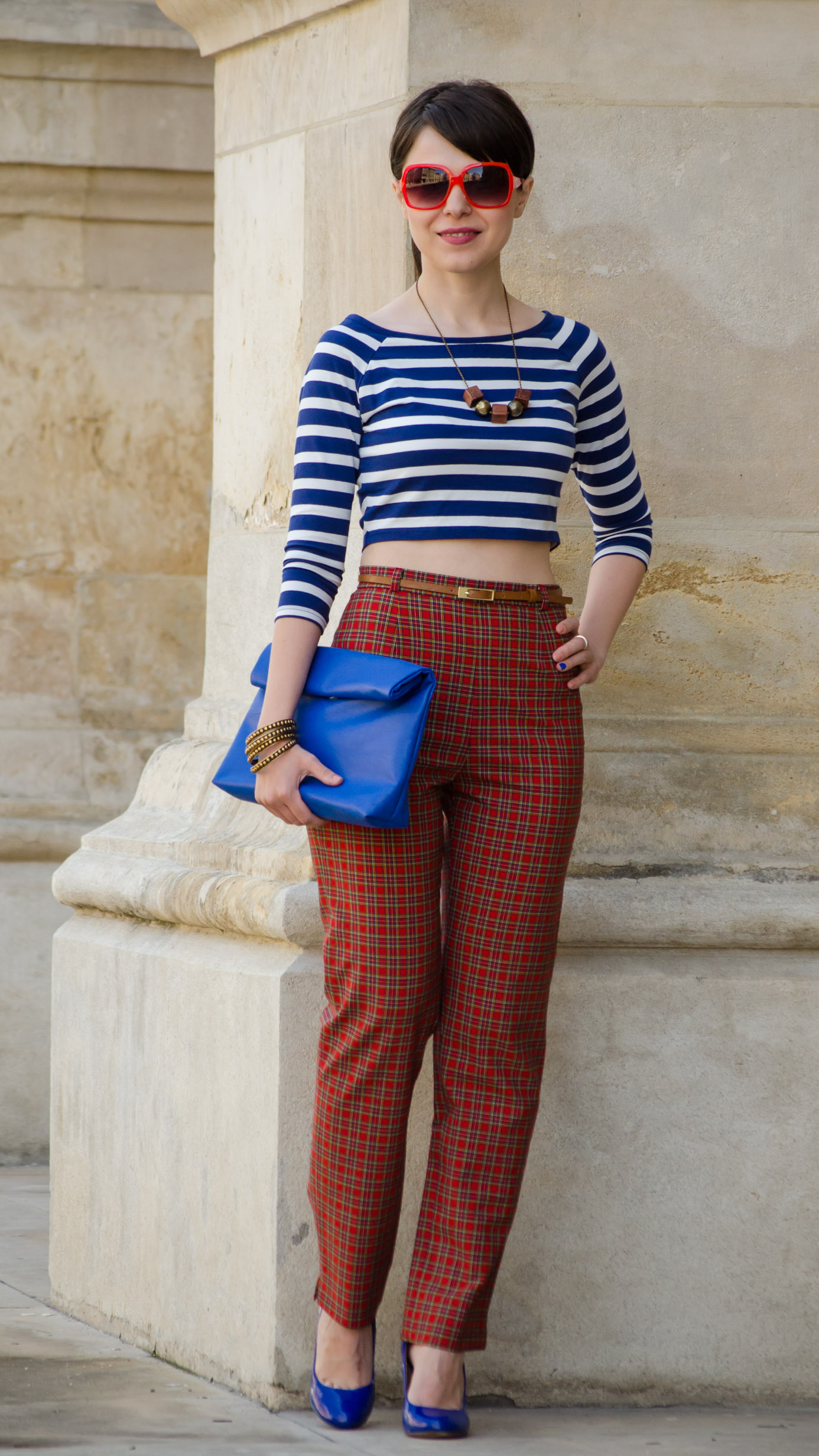 crop top high waist pants tartan blue stripes 