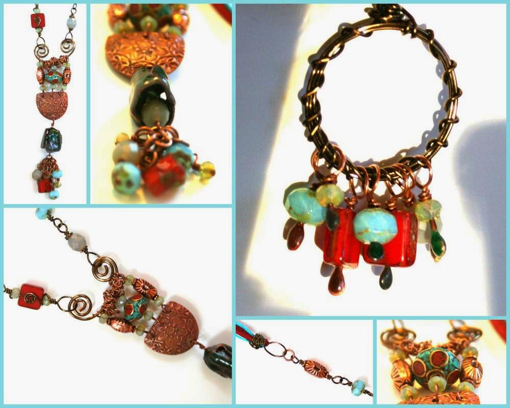 East meets West: ooak necklace, enamel, copper, Tibetan silver, Kristi Bowman copper element, turquoise, coral, Czech beads, crystals :: All Pretty Things