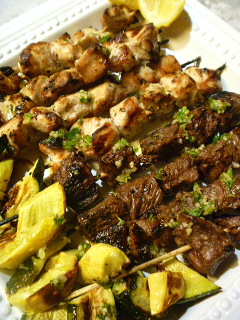 Lemon Garlic Herb Chicken and Beef Kabobs with Roasted Veggies - The BEST basting sauce ever! - Slice of Southern