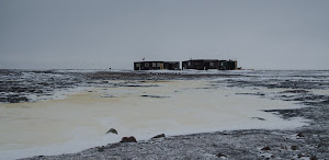 The camp from the far side of a frozen pond