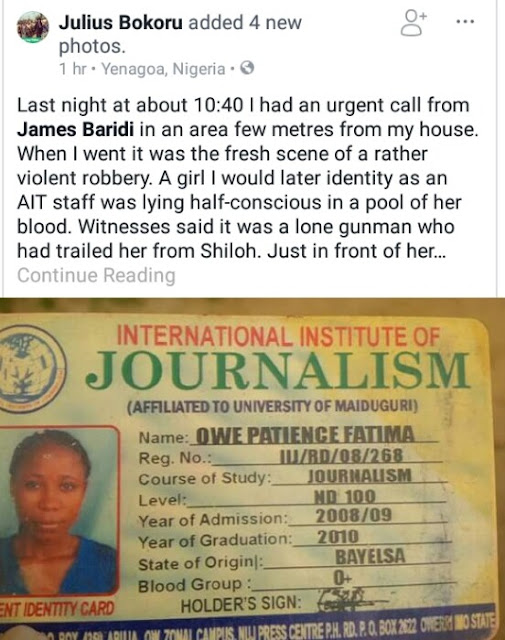 Photos: AIT staff fighting for her life in Bayelsa after being robbed and shot at close range on her way home from Shiloh