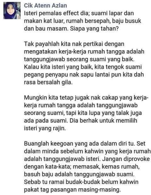 Kerja Rumah Bukan Tanggungjawab Suami Cuma Provokasi Berita