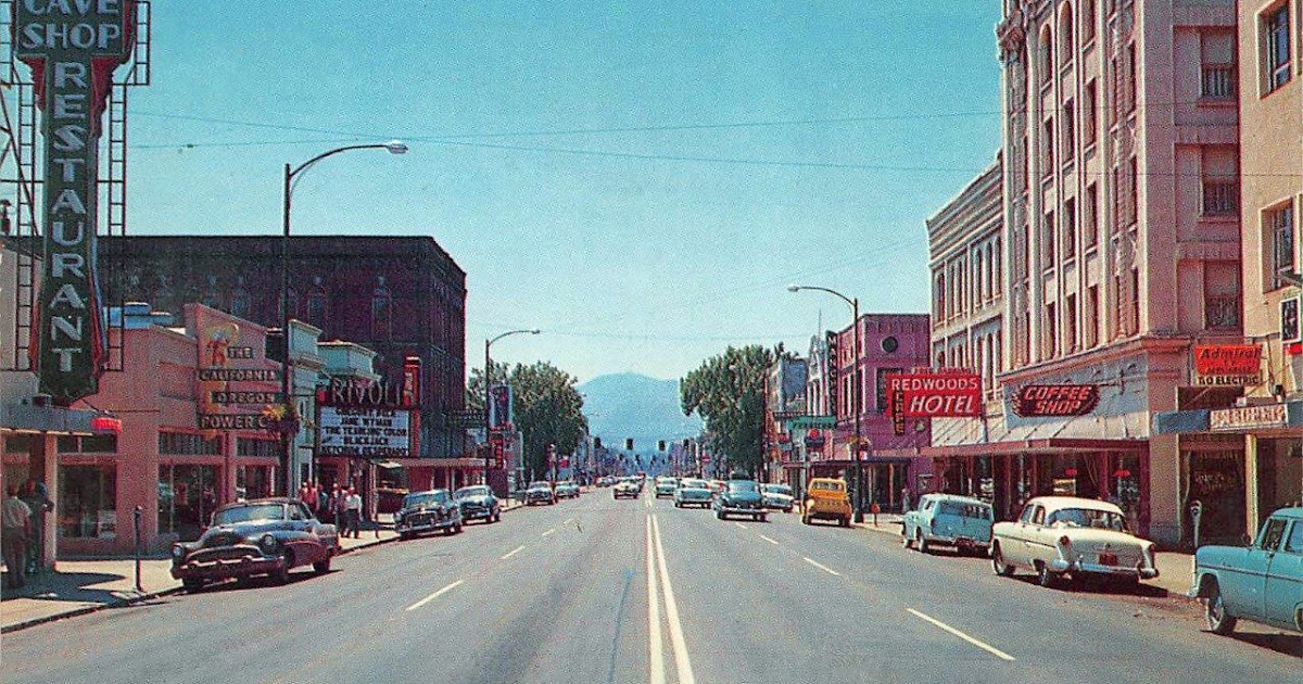 transpress nz cars on 6th Street, Grants Pass, Oregon, 1950s