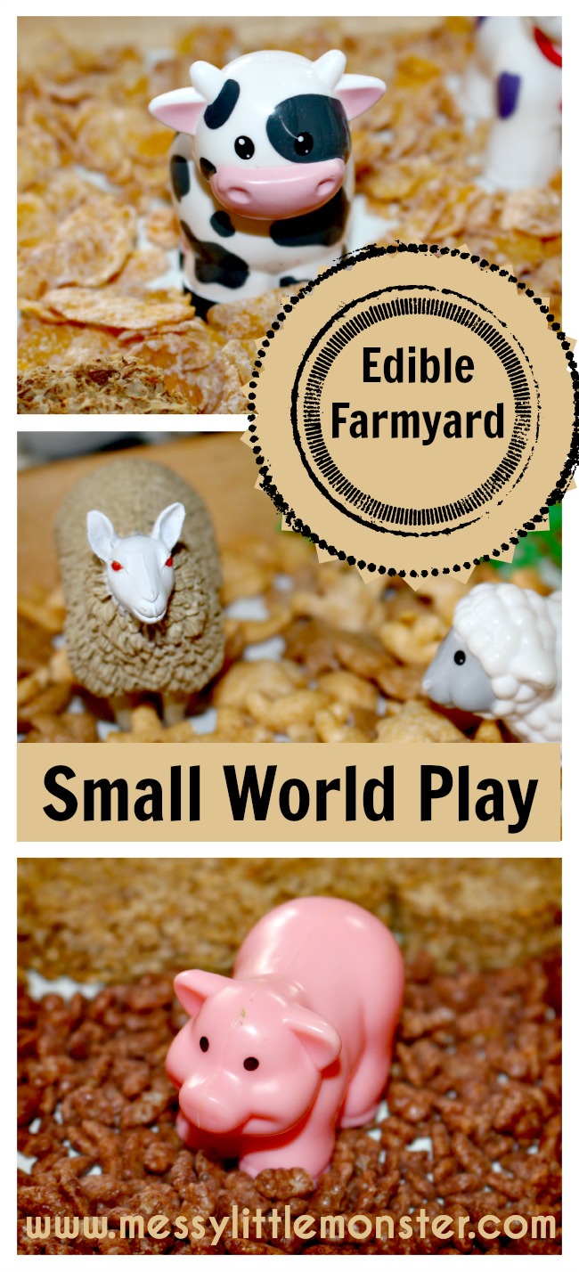 Edible farmyard small world play in a tray.  Taste safe farm animal activity for babies, toddlers, preschoolers, eyfs.