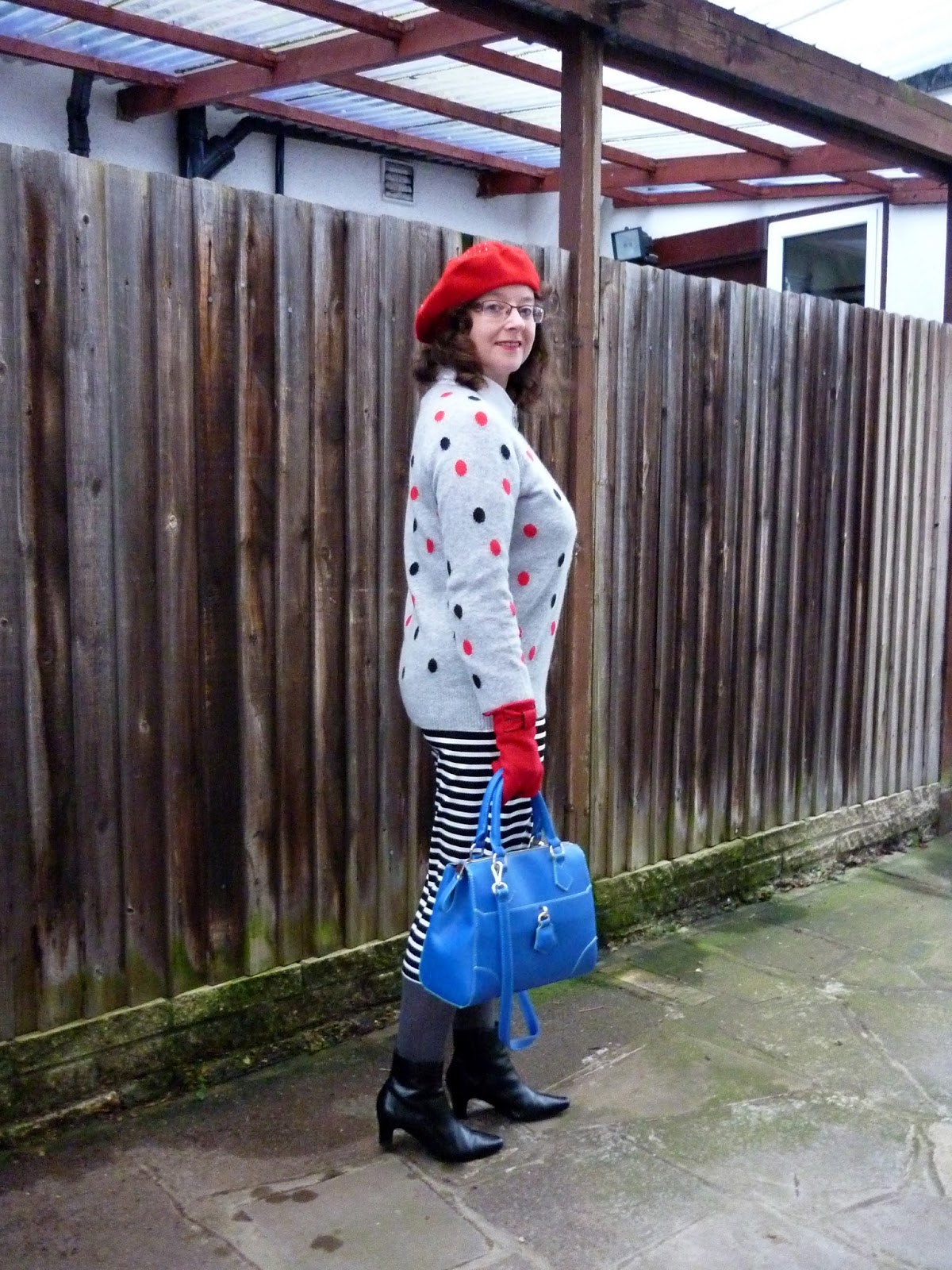 Black/White Striped Midi Pencil Skirt, Red/Black Polka Dot Jumper, Cobalt Blue Bag, Red Gloves & Beret | Petite Silver Vixen