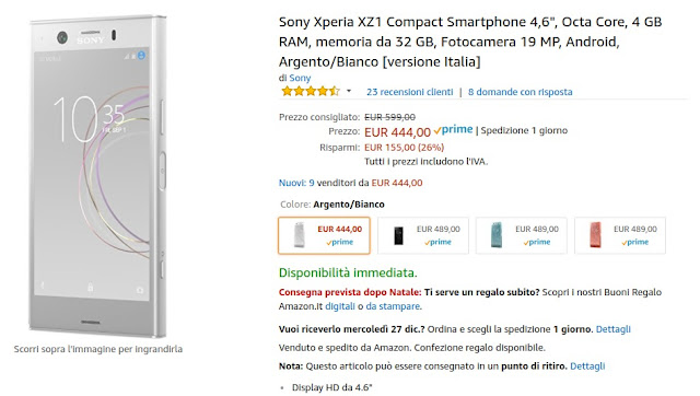 Sony Xperia XZ1 Compact White/Silver nuovamente disponibile a 444 euro venduto e spedito da Amazon