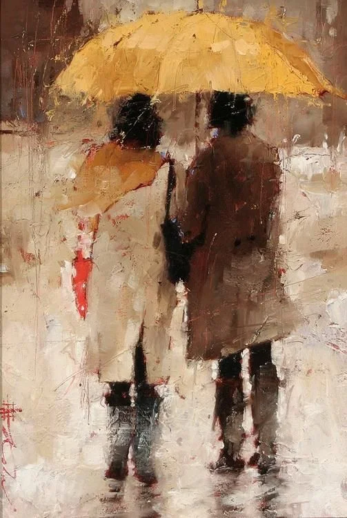 Andre Kohn 1972 | Russian-born Figurative Impressionist painter | White umbrellas