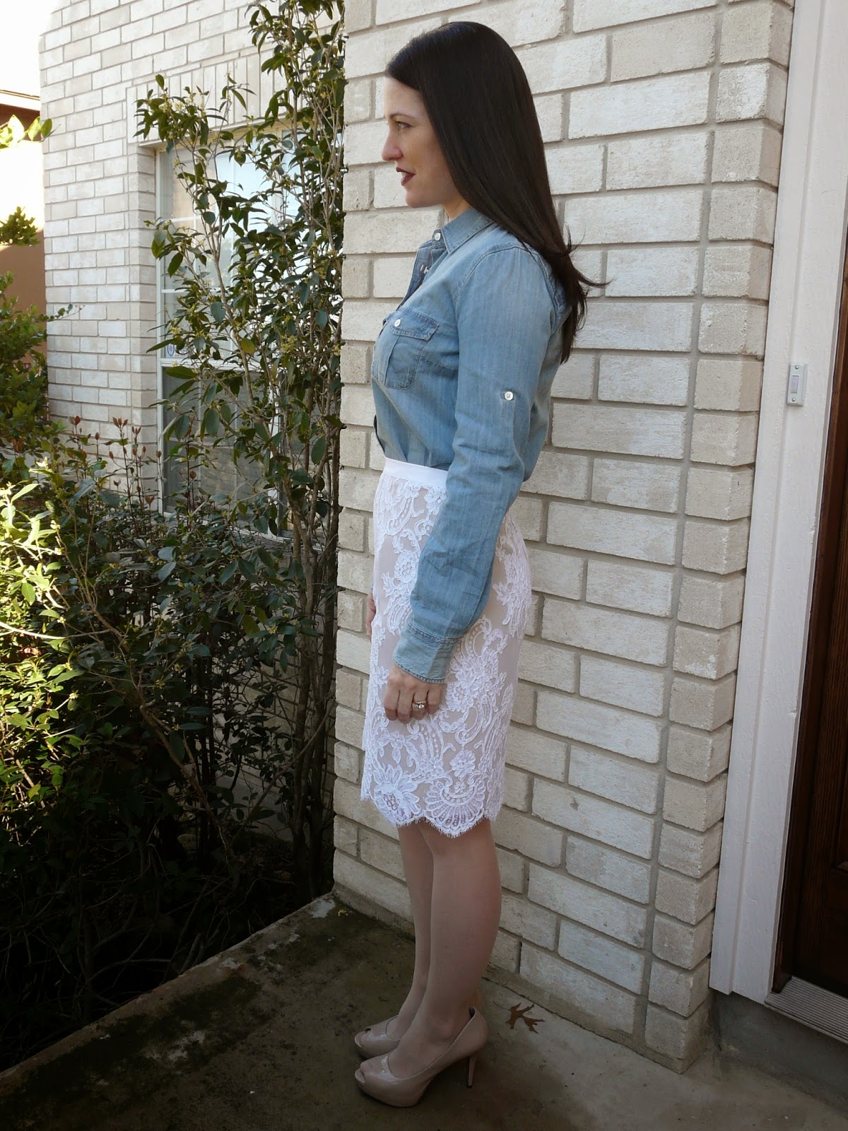 Bring On The Chambray: Lace Pencil Skirt + Button-Down Shirt