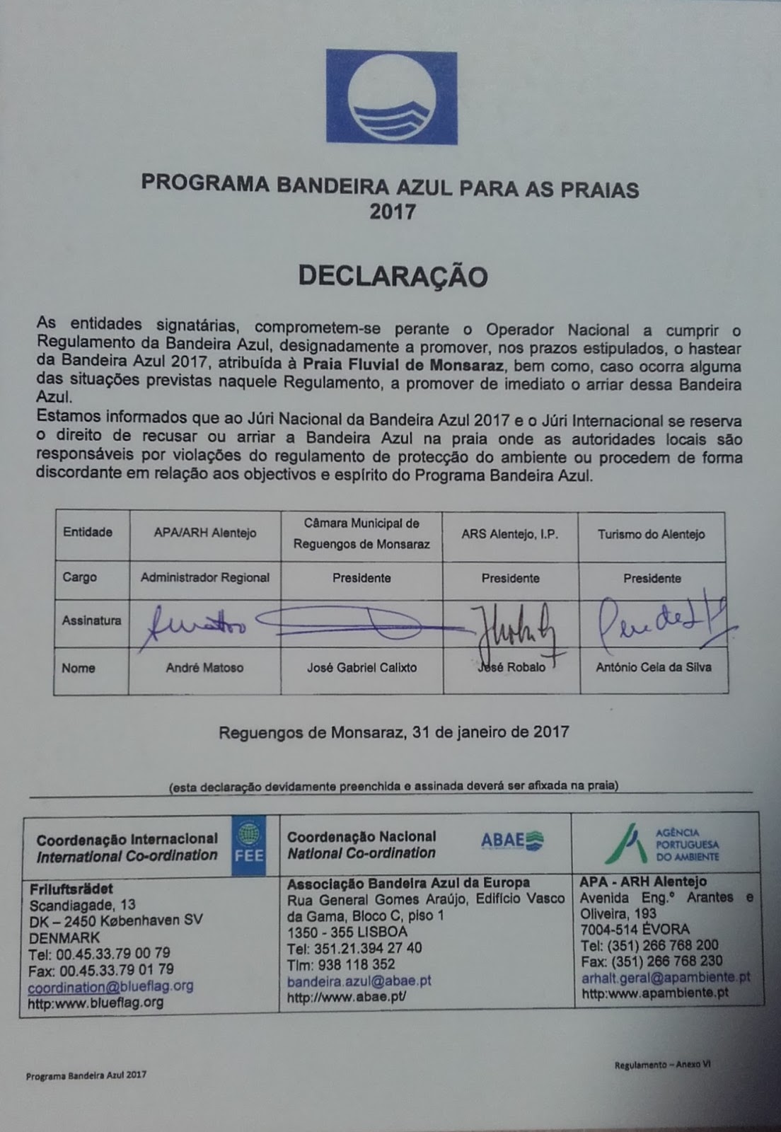 programa de bandeira azul -declaração de conformidade para a Praia fluvial de Monsaraz