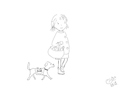 Eine Zeichnung von einem Kind, welches vom Einkaufen kommt. Es trägt eine Tasche mit Einkäufen und wird von einem Hund begleitet. Der Hund trägt in einem Hunderucksack sein eigenes Futter. Skizze.