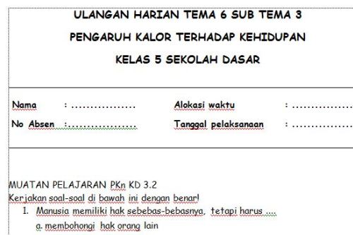 Soal Ulangan Harian K13 Kelas 5 Tema 6 Subtema 3 Berburu Ilmu