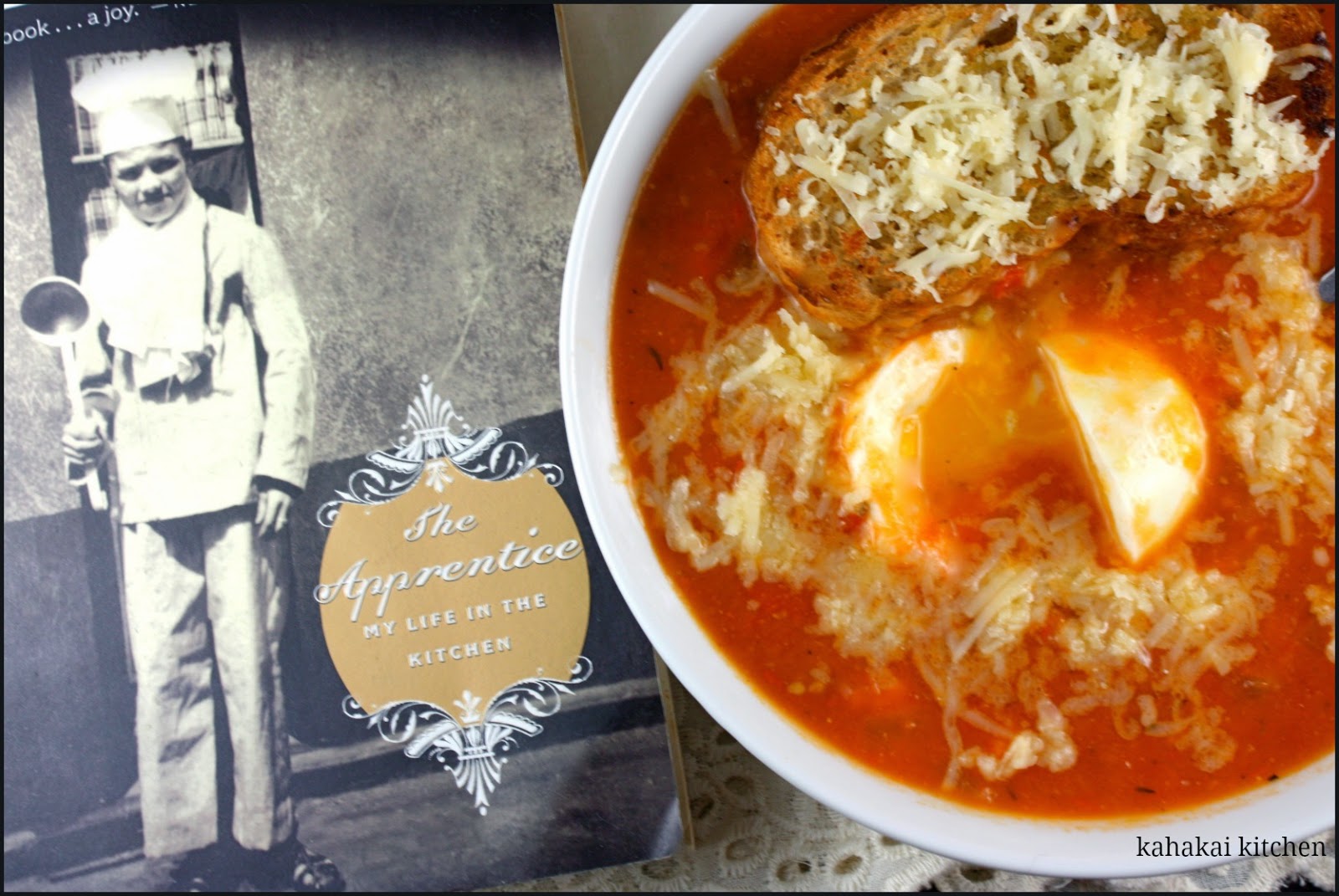 Kahakai Kitchen Tomato Chowder with Mollet Eggs for Cook the Books