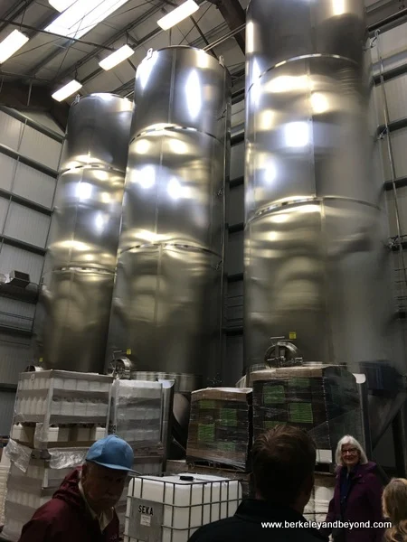 stainless-steel storage tanks at Séka Hills Olive Mill and Tasting Room in Brooks, in the Capay Valley of California