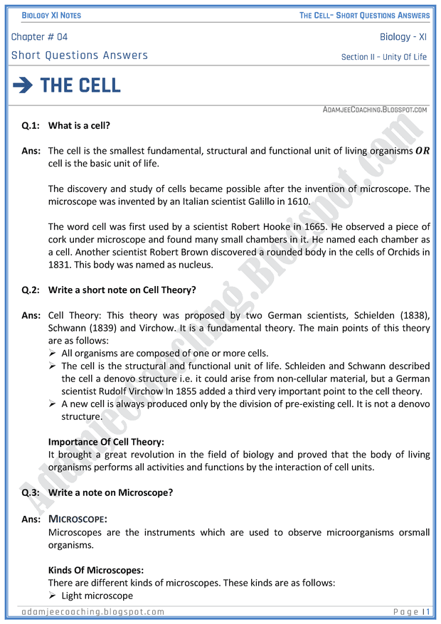 the-cell-short-question-answers-biology-11th