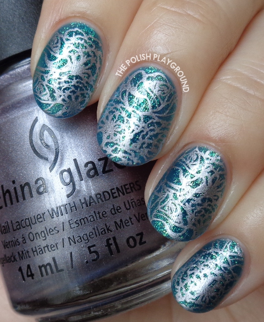 Blue Green Glass Fleck with Silver Floral Stamping Nail Art