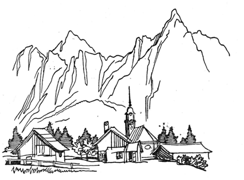 Village At The Foot Of The Mountain Coloring Page Free