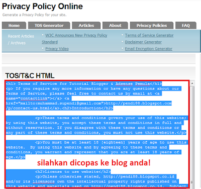 cara membuat tos (term of service) untuk blog