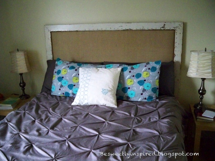 Be Sweetly Inspired DIY Headboard Burlap and Old Wood Flooring
