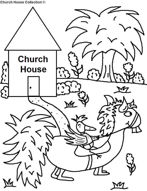 Bird Riding Funny Looking Horse Going To Church House Coloring Page title=