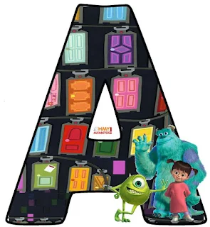 Alfabeto de Mike, Sully y Boo con las Puertas de Monsters S. A. 