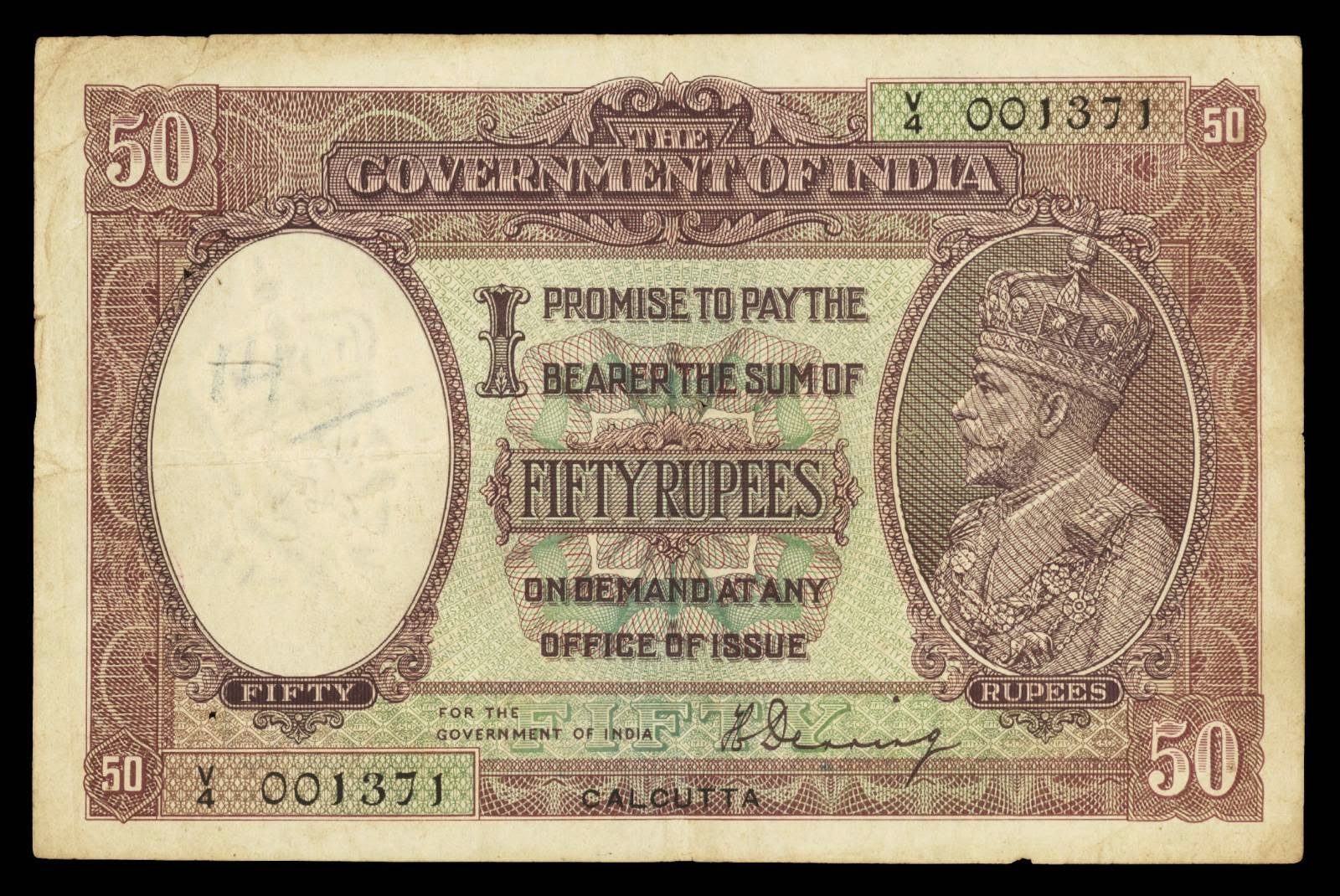 British India 50 Rupee Note 1930 King George V