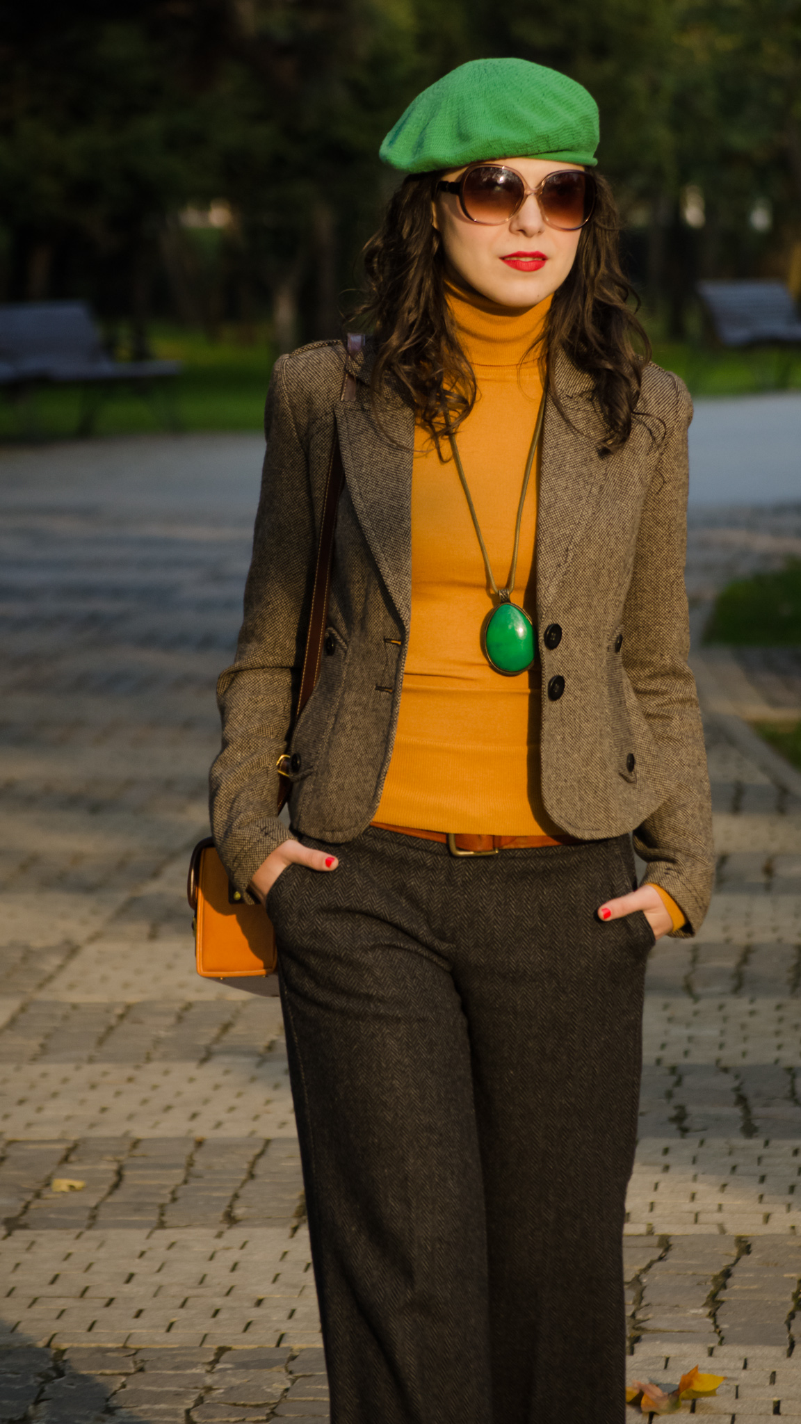 70s flare pants mustard turtleneck brown blazer jacket green beret french promod fall 