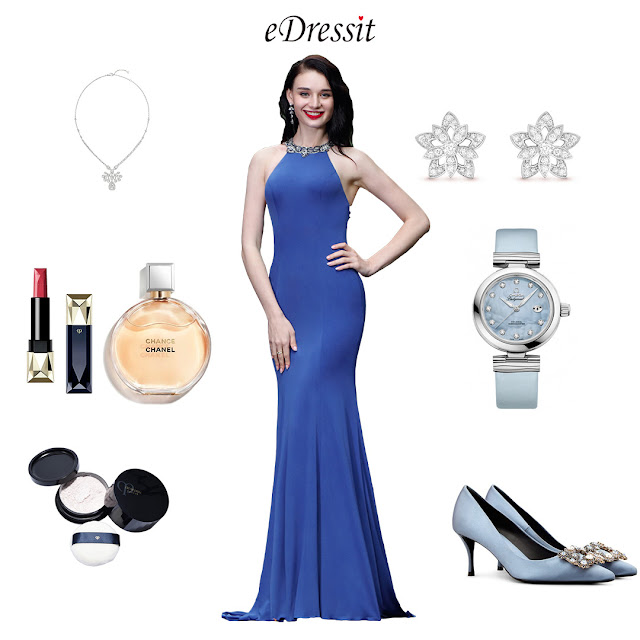 Elegant Blue Beaded Designer Backless Evening Dress