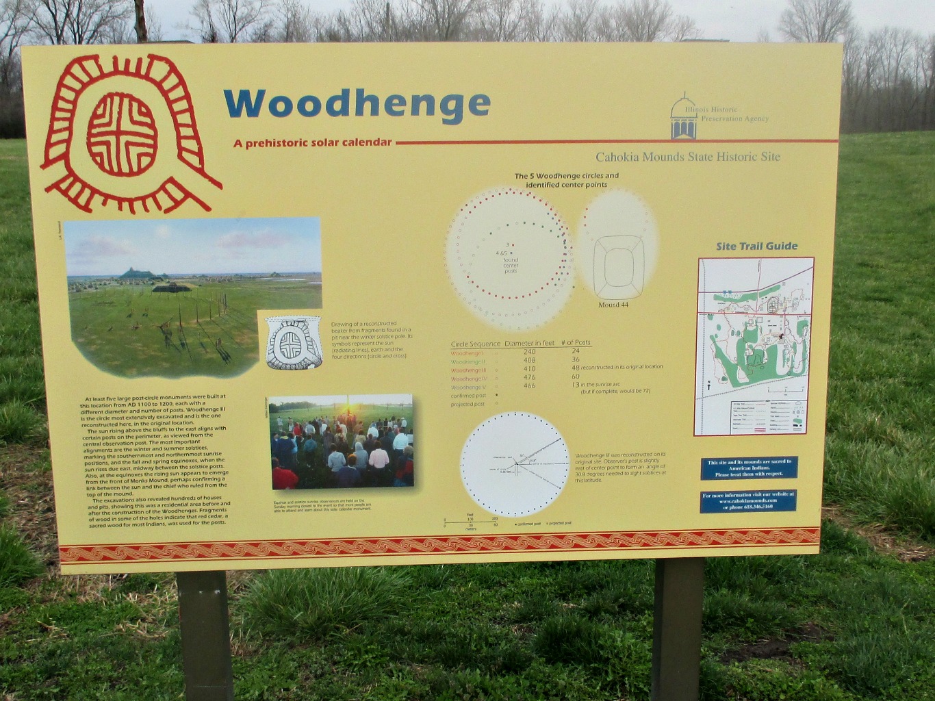 cahokia also contains woodhenge which is a reconstruction of a circular monument it has a diameter of 410 feet originally cahokia originally had five of cahokia also contains woodhenge which is a reconstruction of a circular monument it has a diameter of 410 feet originally cahokia originally had five of
